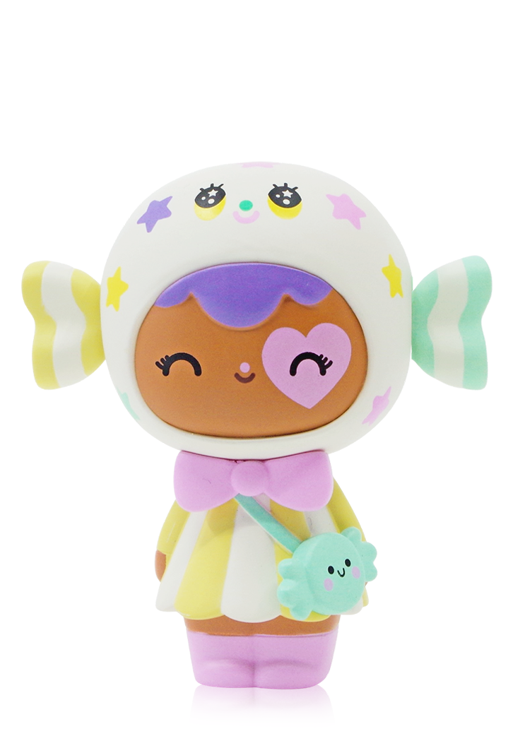 Candy Button 3 Momiji doll with a white star hood, pastel colors, heart cheek, and wishing paper hidden inside her hand. — Momiji Doll
