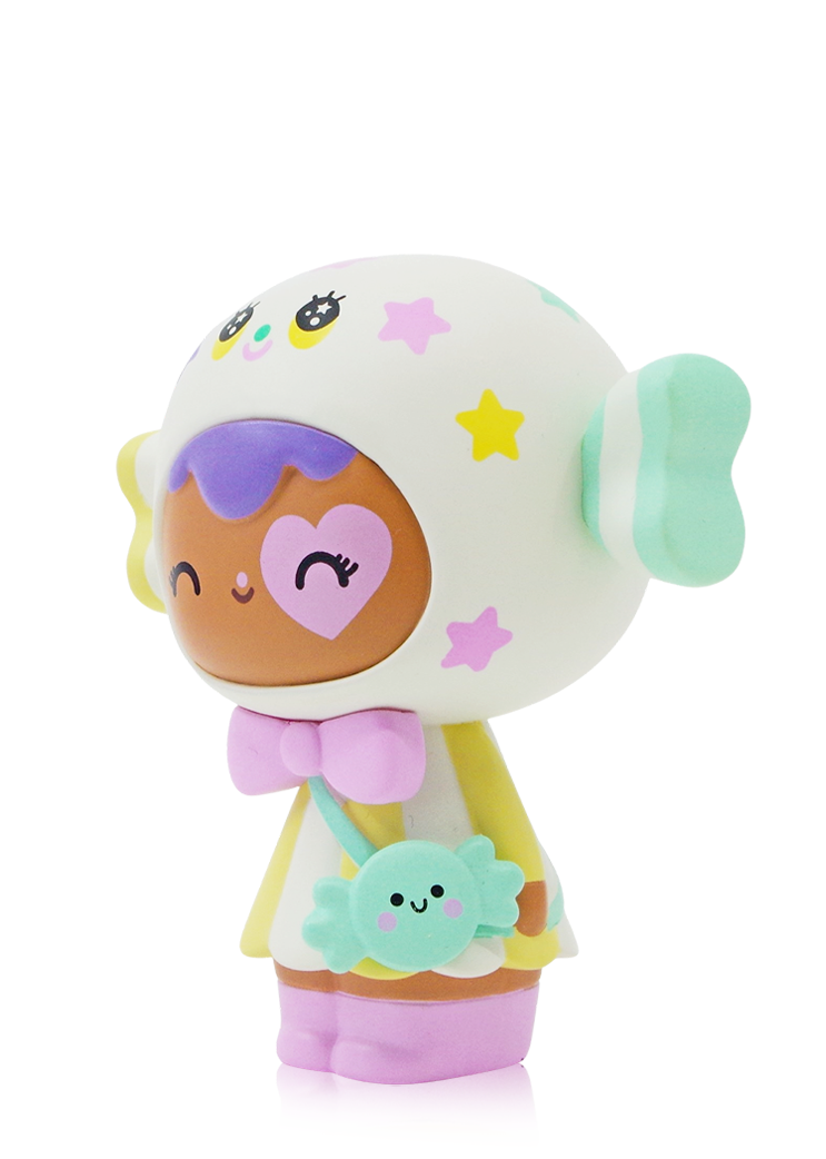Momiji doll Candy Button 3 with purple hair, white star hood, heart on cheek, and a mint-green bag. — Momiji Doll
