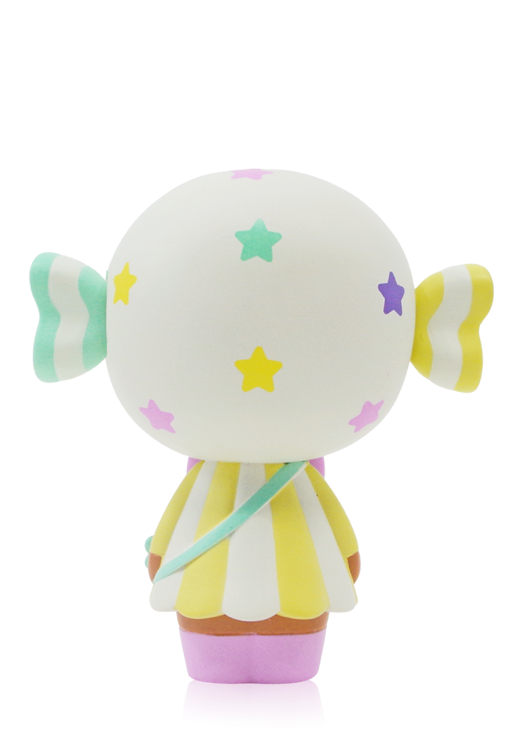 Momiji doll "Candy Button 3" with pigtails, round head, stars, and a striped yellow-white outfit, shown from the back. — Momiji Doll
