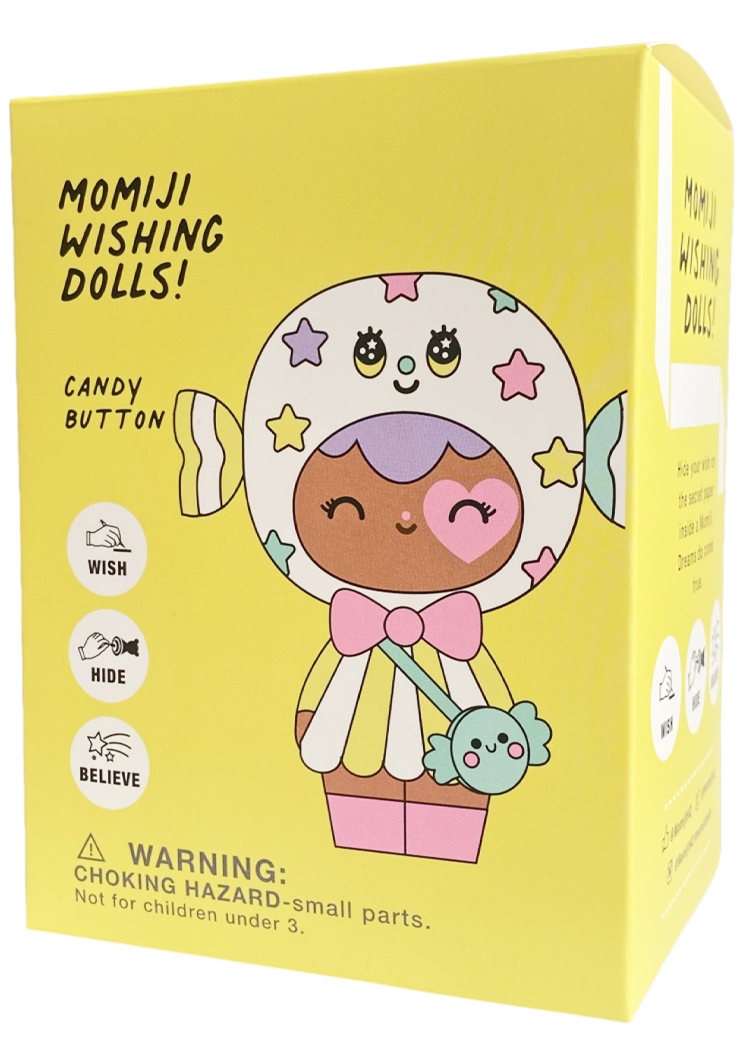 Yellow box with Candy Button 3 Momiji doll, pastel colors, heart face mark, star accents, and wishing paper for messages inside. — Momiji Doll