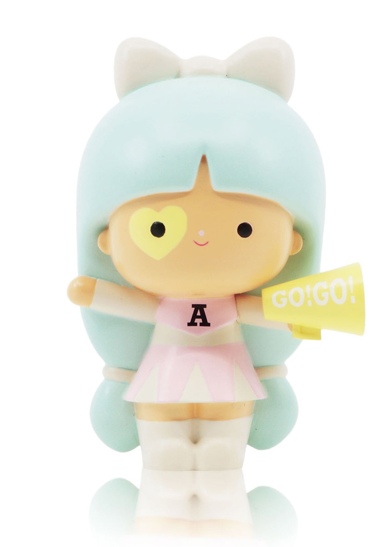 Courageous You Momiji doll: mint-haired cheerleader with heart face, pink dress, yellow GO! GO! megaphone. — Momiji Doll