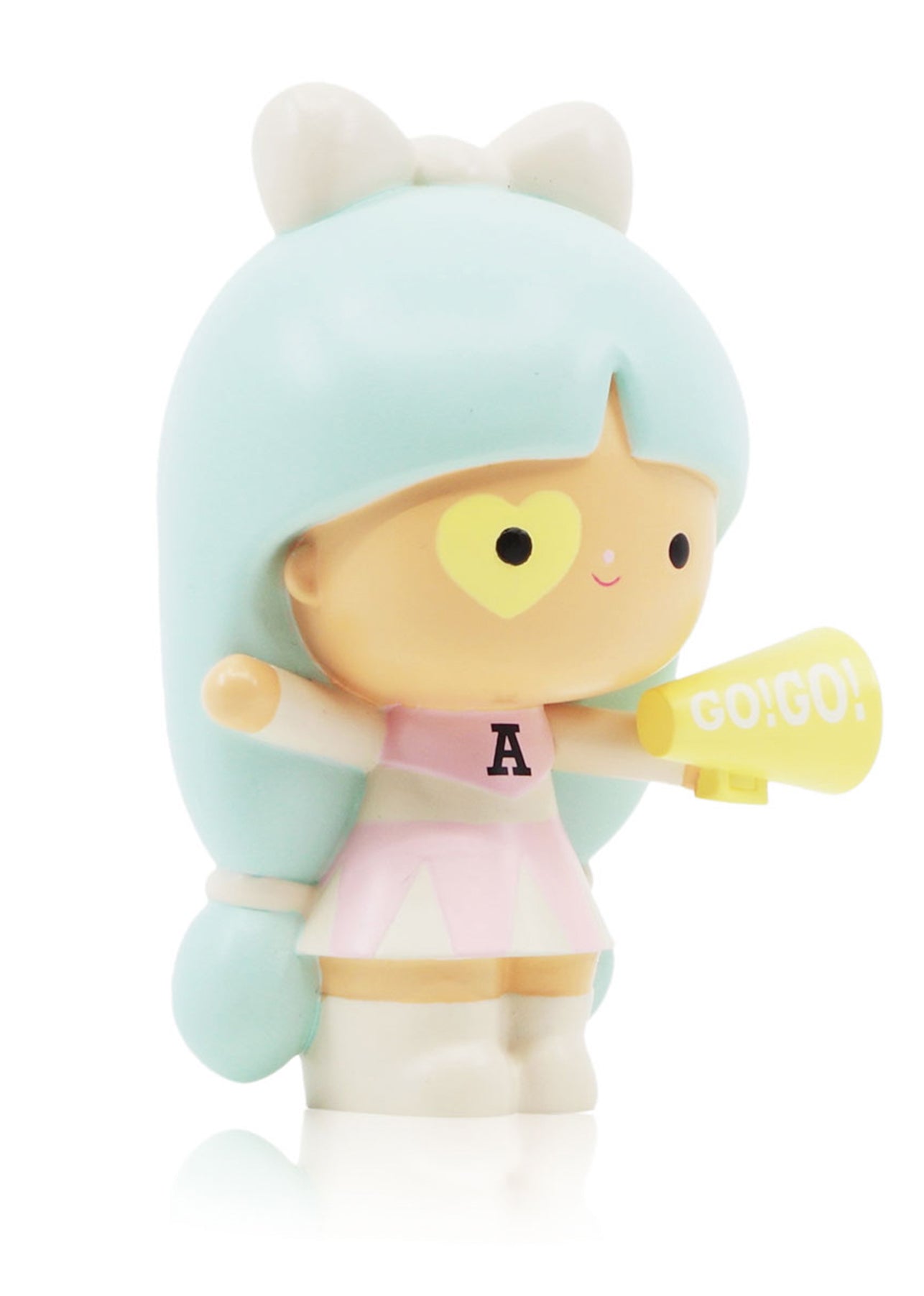 Courageous You Momiji doll with light blue hair, heart on cheek, pink dress, yellow GO!GO! megaphone; keepsake message inside. — Momiji Doll