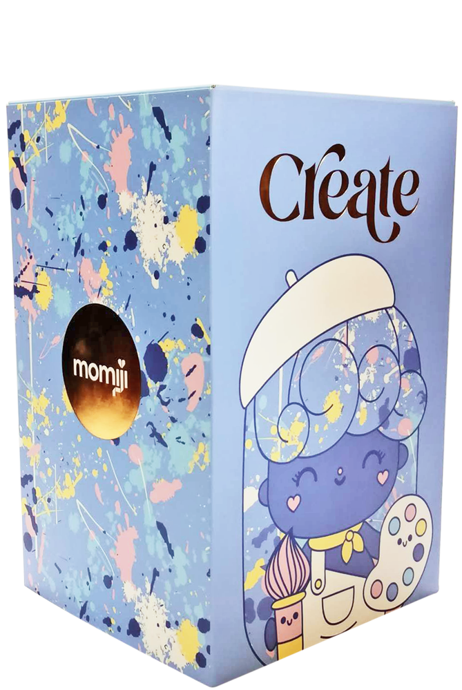 Create | Big Ideas 2020 Momiji doll: blue box with paint splatters, "Create," artist doll, and enamel pins card. — Momiji Doll