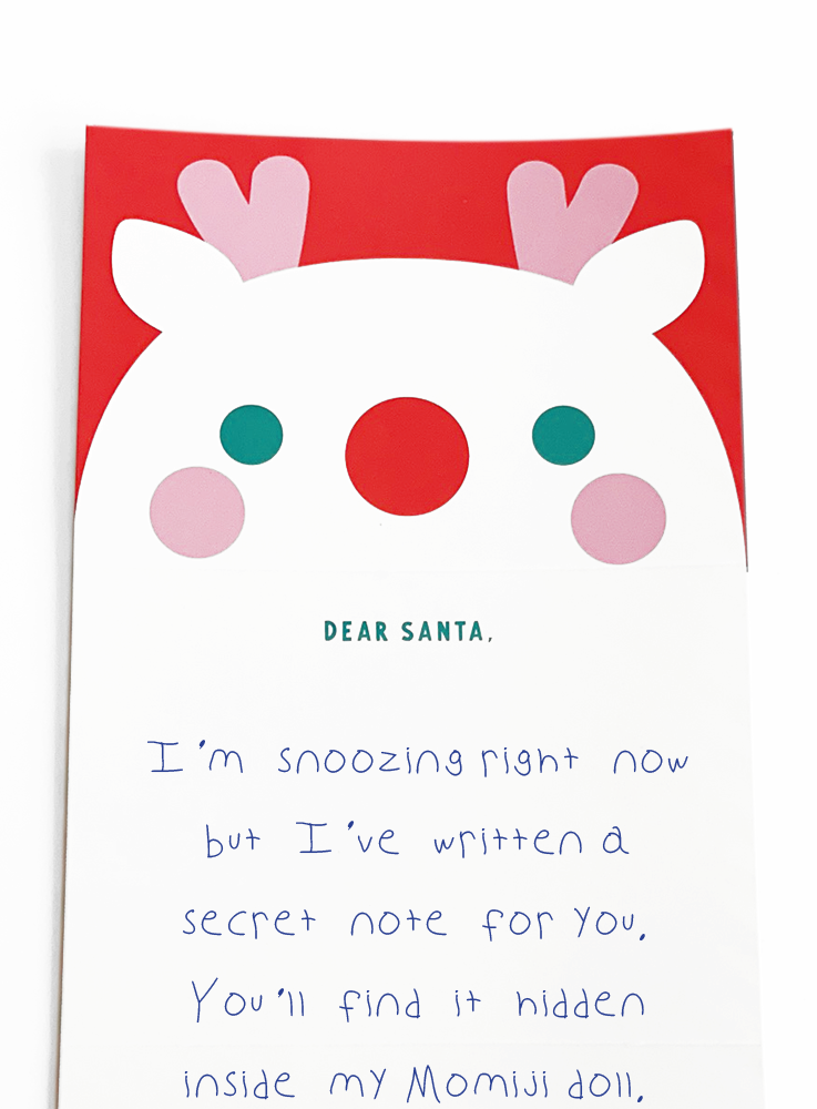 Dear Santa Momiji doll: Limited edition reindeer-themed letter, blue handwritten note, "DEAR SANTA" in green print. — Momiji Doll