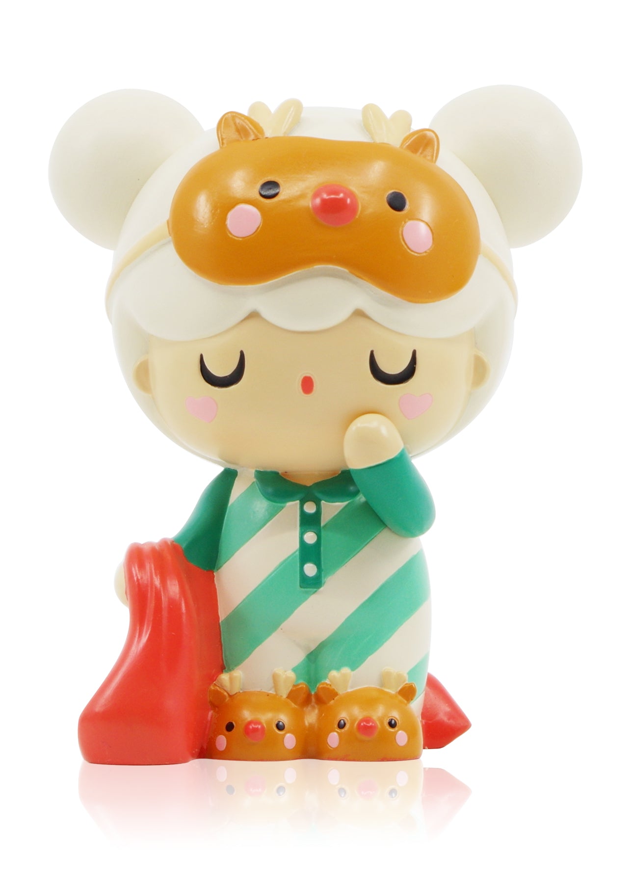 Dear Santa Momiji doll in pajamas with a reindeer sleep mask, red blanket, and reindeer slippers. Collectible vinyl design. — Momiji Doll