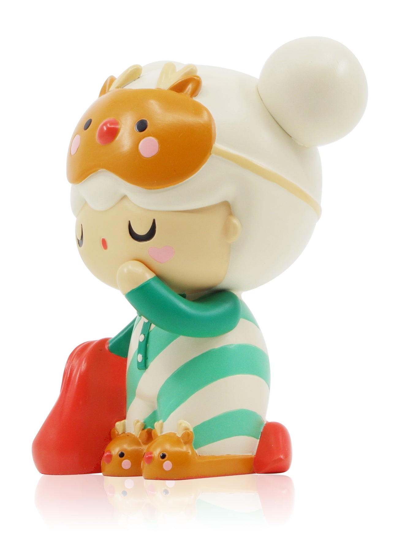 Dear Santa Momiji doll wears striped pajamas, reindeer slippers, a sleep mask, and holds a red bag. Limited edition collectible. — Momiji Doll