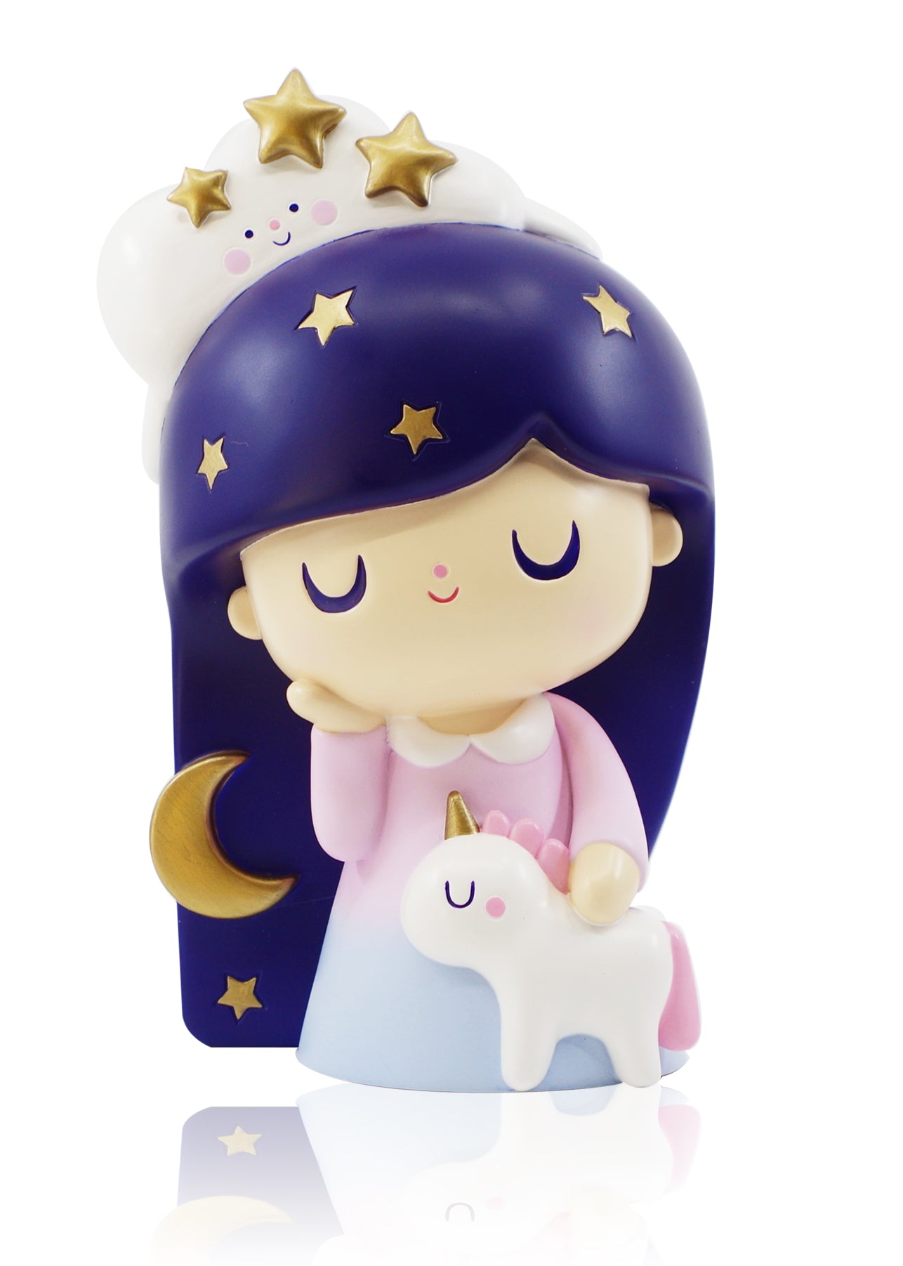 Dreaming - Endless Skies Edition Momiji doll with blue hair, gold stars, unicorn, crescent moon and a smiling cloud. — Momiji Doll