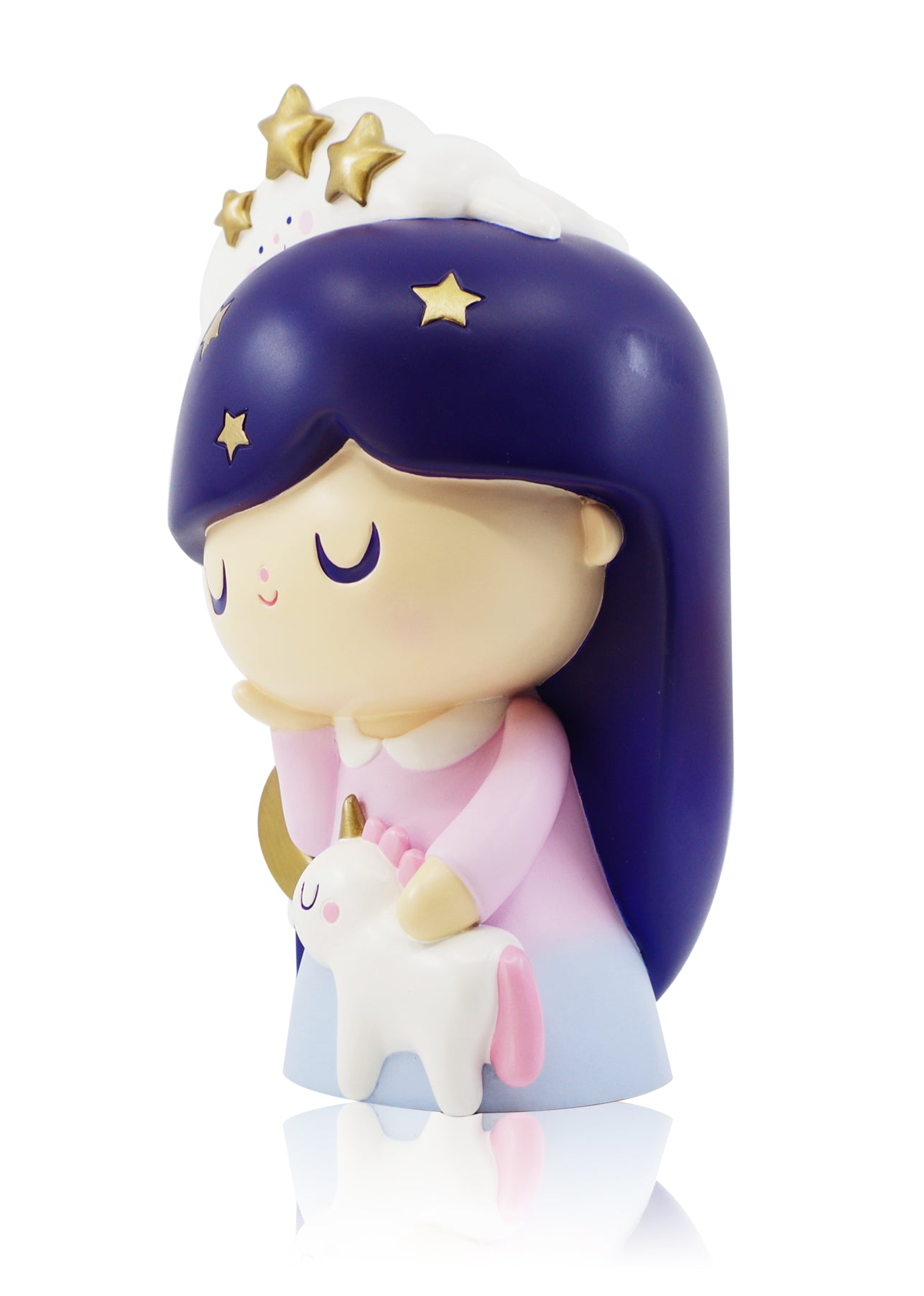 Dreaming Momiji doll: purple hair, star crown, unicorn accessory, pastel pink-blue dress. Kawaii collectible for secret notes. — Momiji Doll