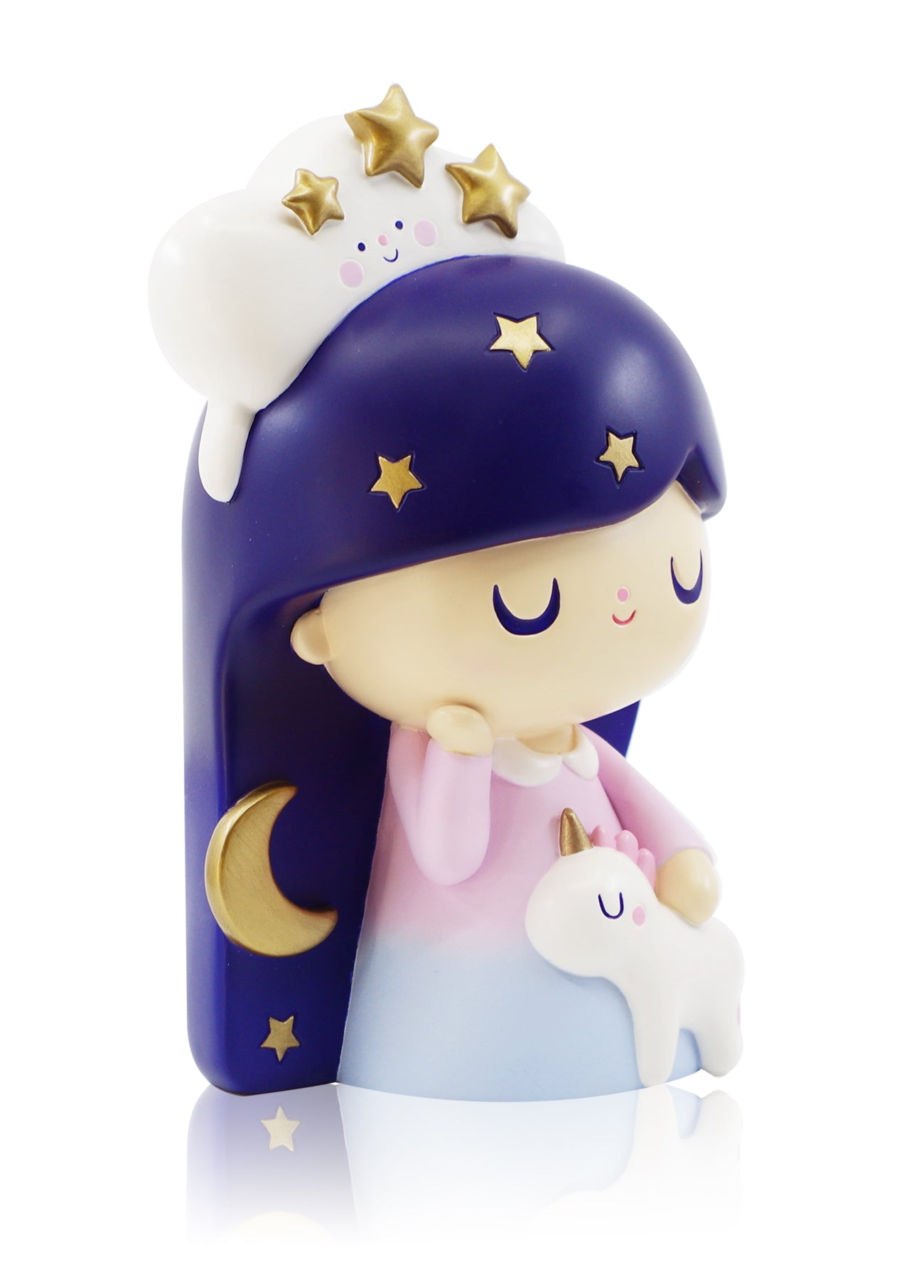 Dreaming - Endless Skies Edition Momiji doll with purple hair, gold stars, unicorn and cloud, eyes shut in peaceful sleep. — Momiji Doll