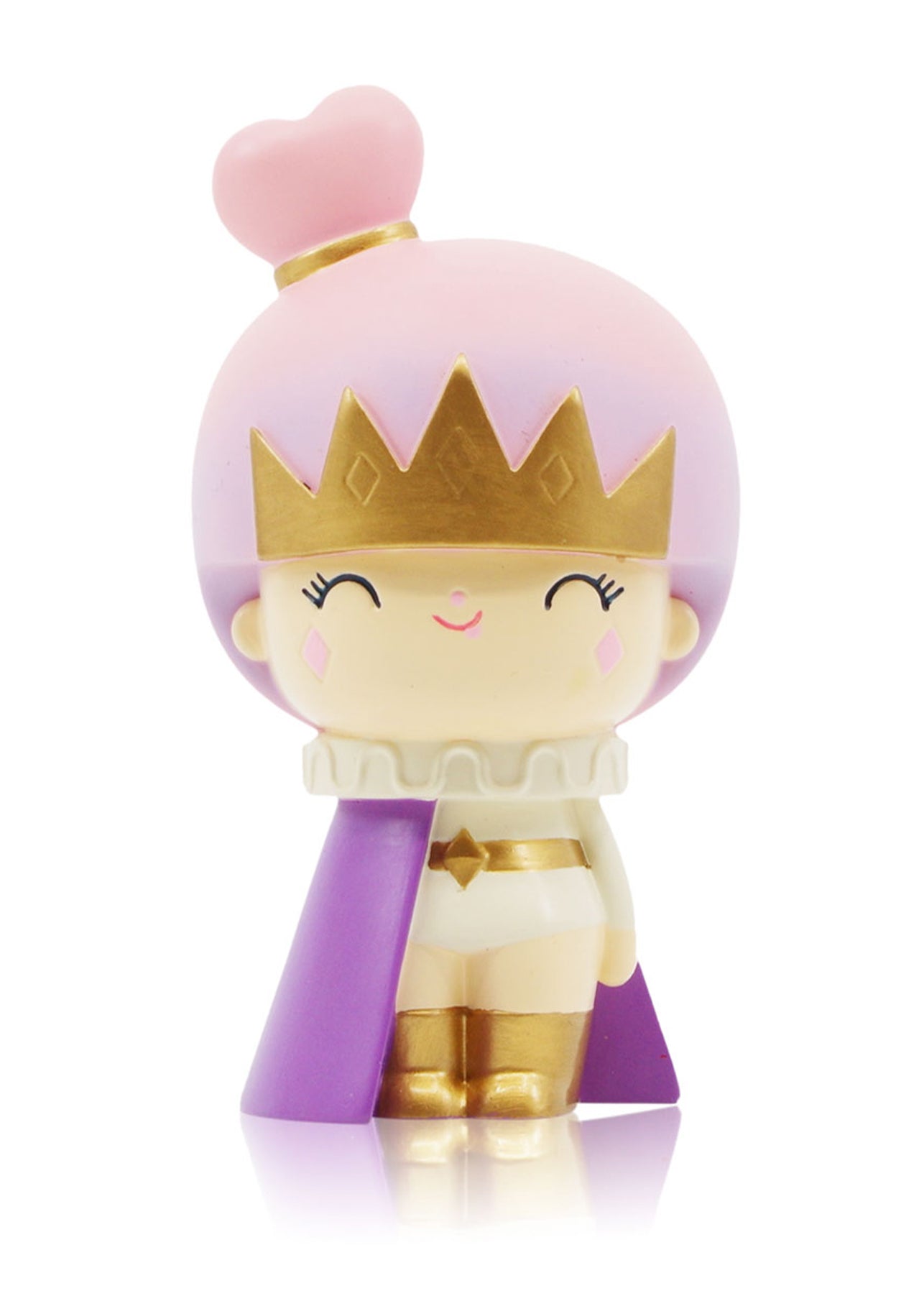 Fabulous You Momiji doll with a gold crown, pink heart on head, purple cape, and smiling face with closed eyes. — Momiji Doll