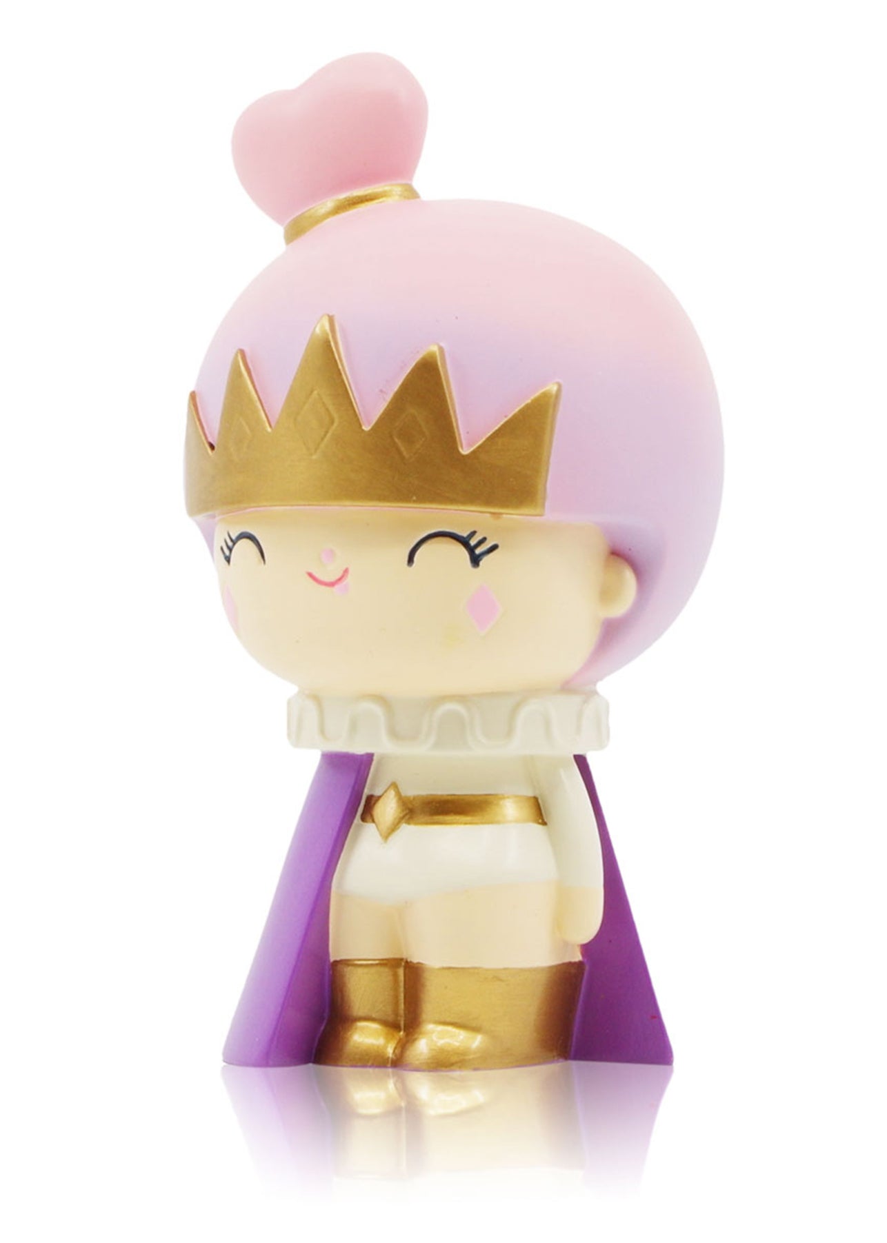 Fabulous You Momiji doll with gold crown, purple cape, pink hair, heart on top, gold boots, closed-eye smile. — Momiji Doll