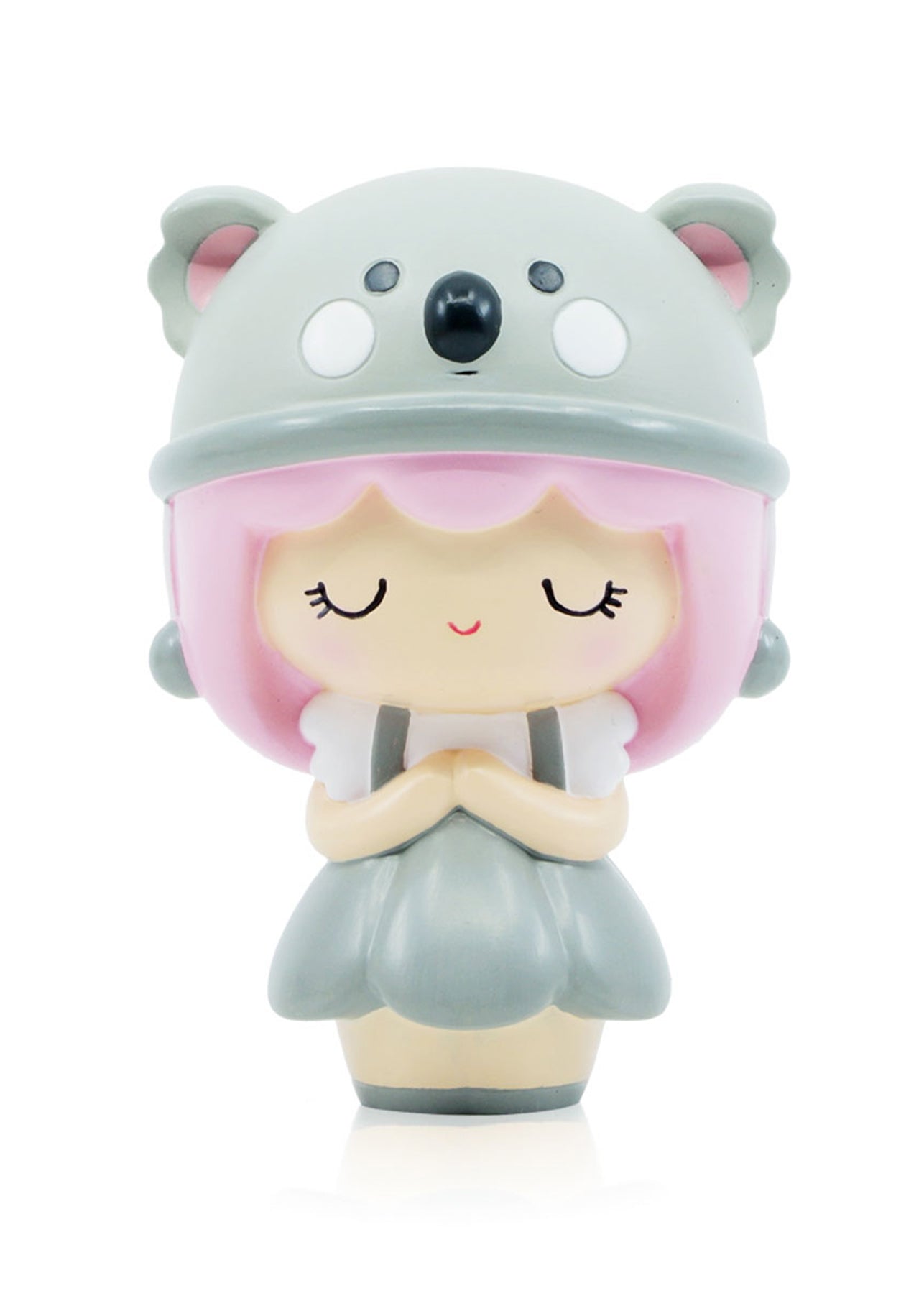 Koalamama Momiji doll with pink hair, gray koala hat and matching dress, designed to hide a secret message inside. — Momiji Doll