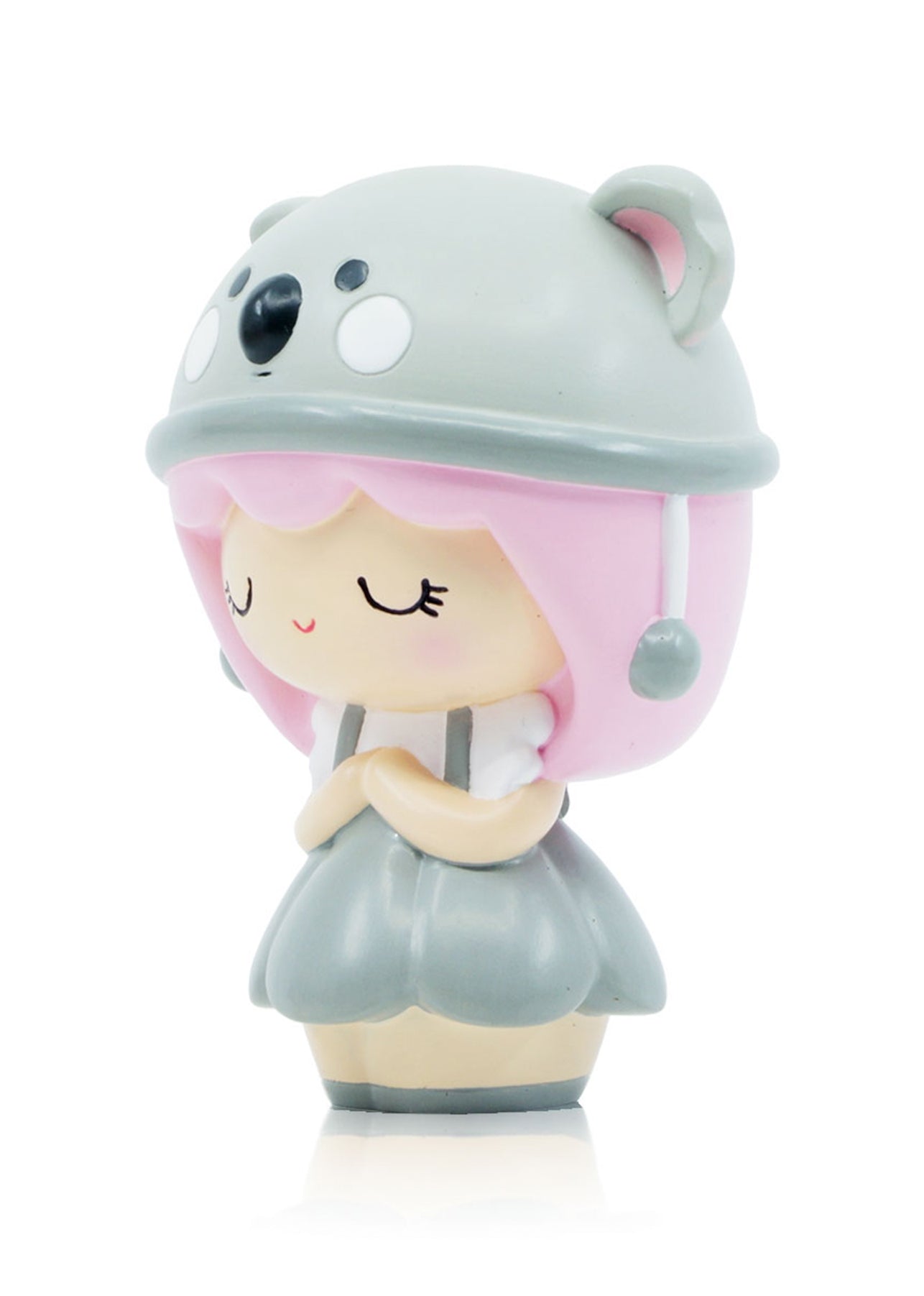 Koalamama Momiji doll with pink hair, gray koala hat and dress; kawaii collectible hiding a secret message inside. — Momiji Doll