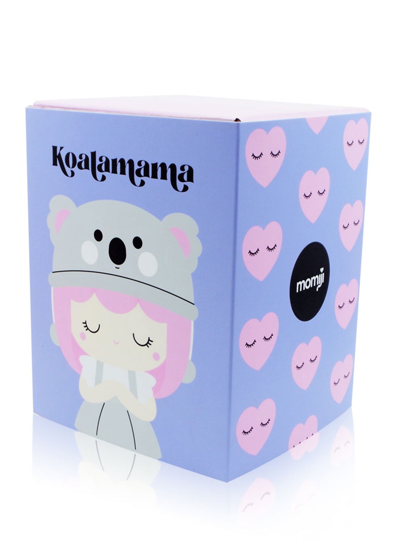 Pastel Koalamama Momiji doll box with a koala hat girl, pink hearts, and Momiji logo on a purple background. — Momiji Doll