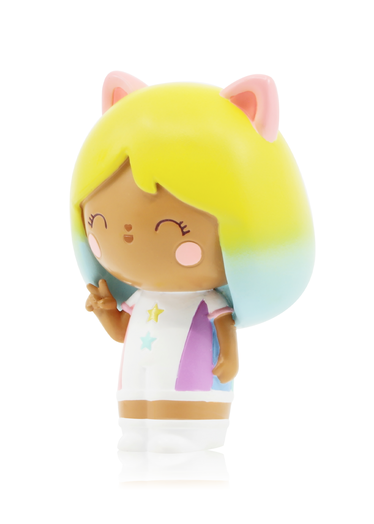 Little Rainbow Kitten Momiji doll with cat ears, pastel yellow & blue hair, winking, in a starry white outfit. — Momiji Doll