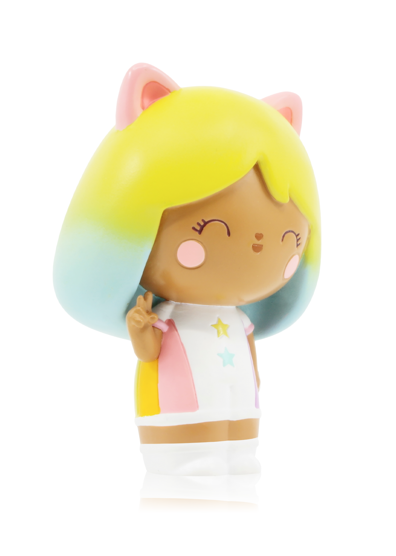 Little Rainbow Kitten Momiji doll with cat ears, yellow hair, white dress, pink cheeks, and a peace sign. — Momiji Doll