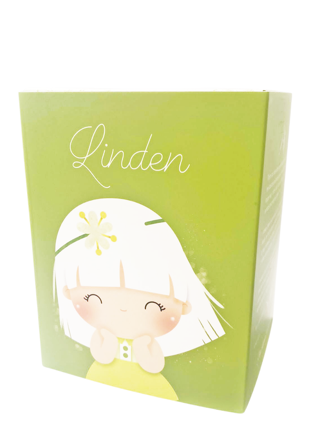 Green box labeled "Linden" with a white-haired Momiji doll character; calming Linden oil scent featured on the package. — Momiji Doll