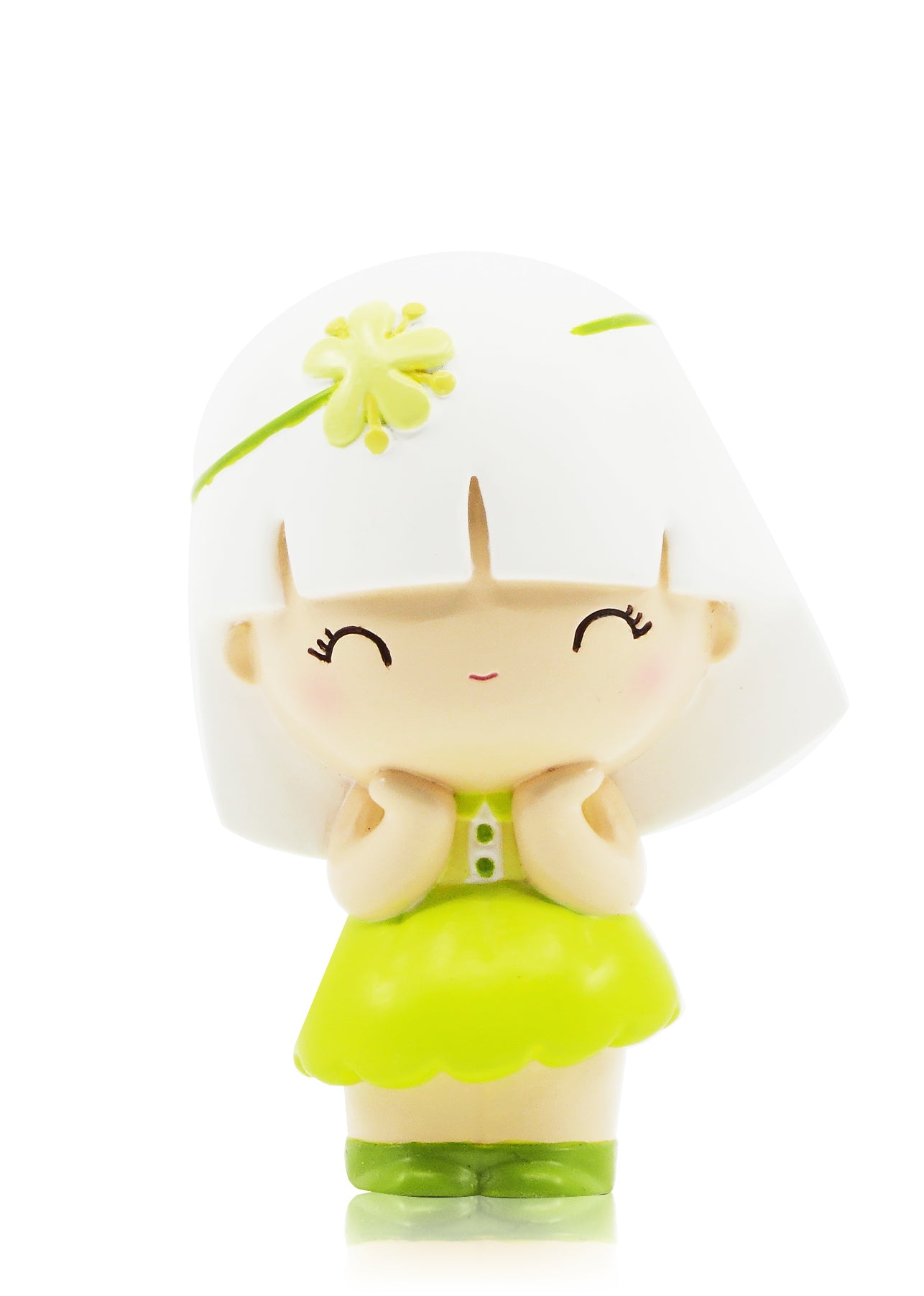 Linden Momiji doll with white bobbed hair, green dress, flower accent, and a hidden message inside. Collectible vinyl character. — Momiji Doll
