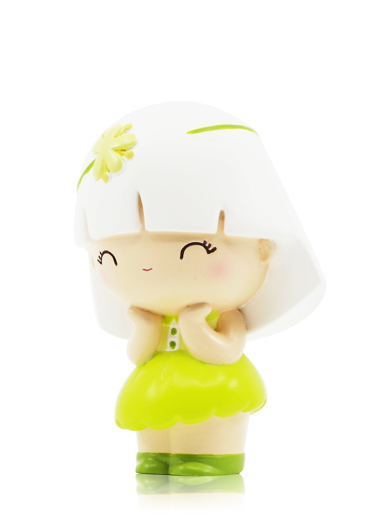 Linden Momiji doll with white hair, green flower dress, matching shoes, and a sweet scent. Secret message hidden inside. — Momiji Doll