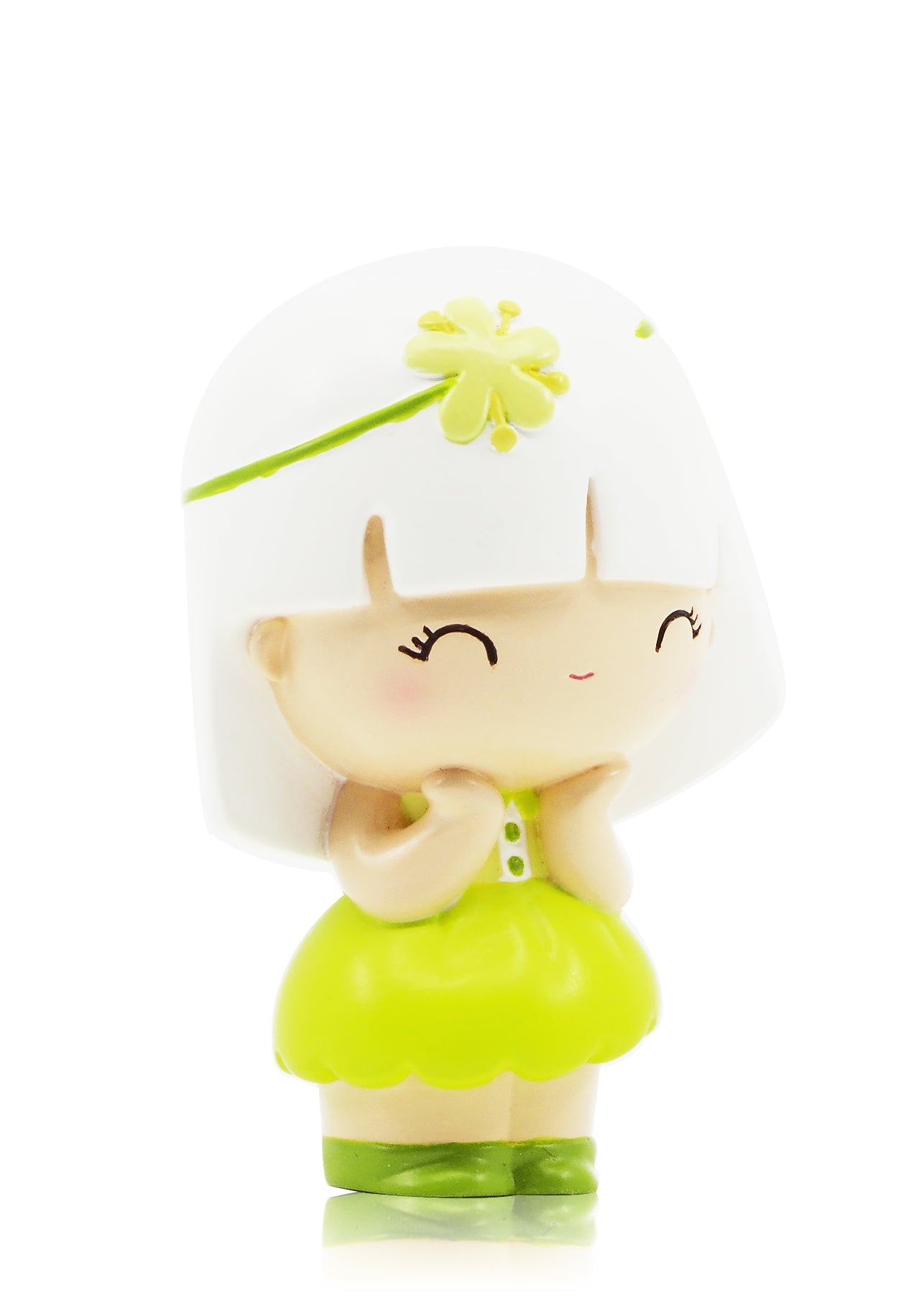 Linden Momiji doll with white hair, a yellow flower accessory, green dress, and a hidden message inside. Kawaii collectible. — Momiji Doll