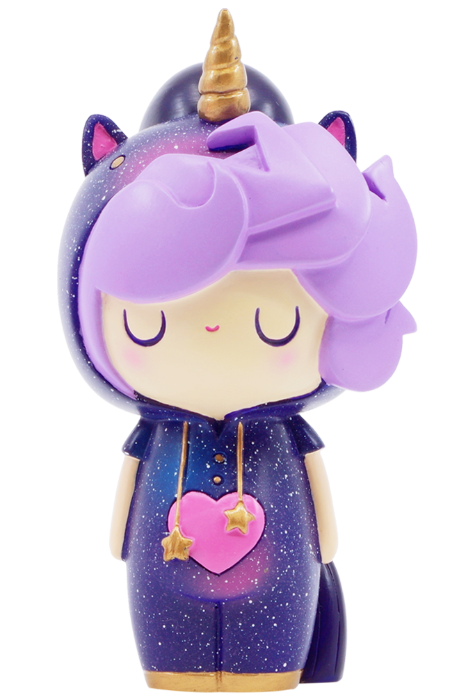 Little Starlight Girl 2021 HN: Momiji doll with purple hair, closed eyes, unicorn galaxy-print onesie. Collectible figure. — Momiji Doll