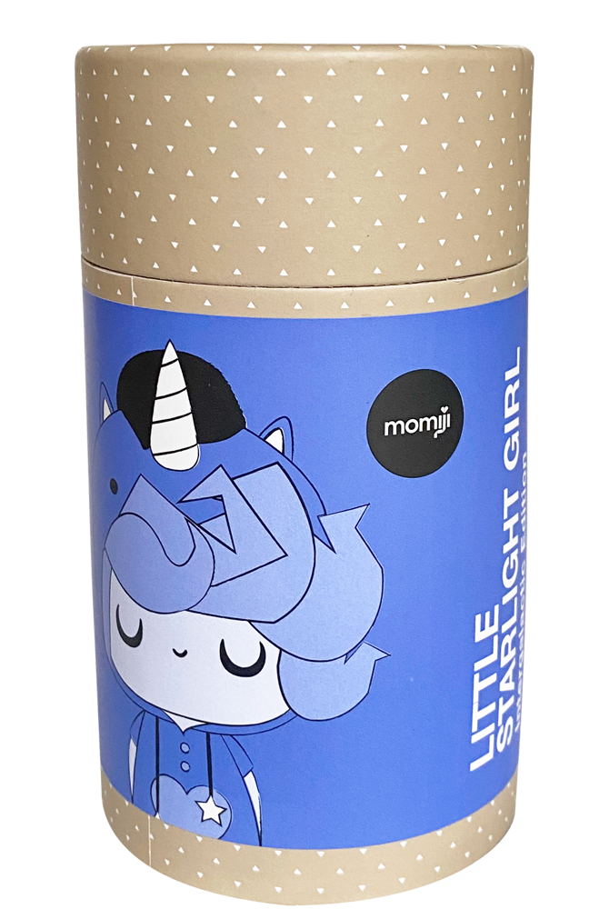 A cylindrical box featuring the Momiji doll "Little Starlight Girl" with unicorn details and pastel colors, 2021 HN edition. — Momiji Doll
