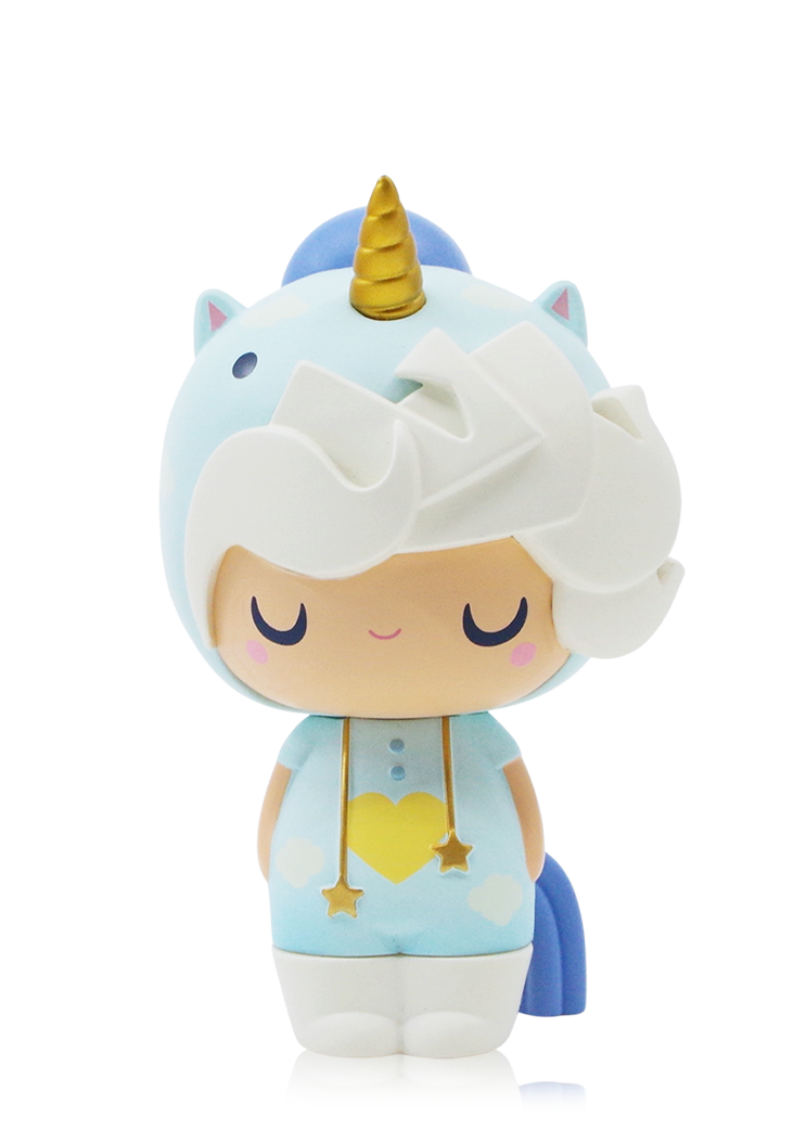 Momiji doll Little Starlight Girl (Head in the Clouds Edition) 3 wears a blue unicorn onesie, golden horn, white hair. — Momiji Doll