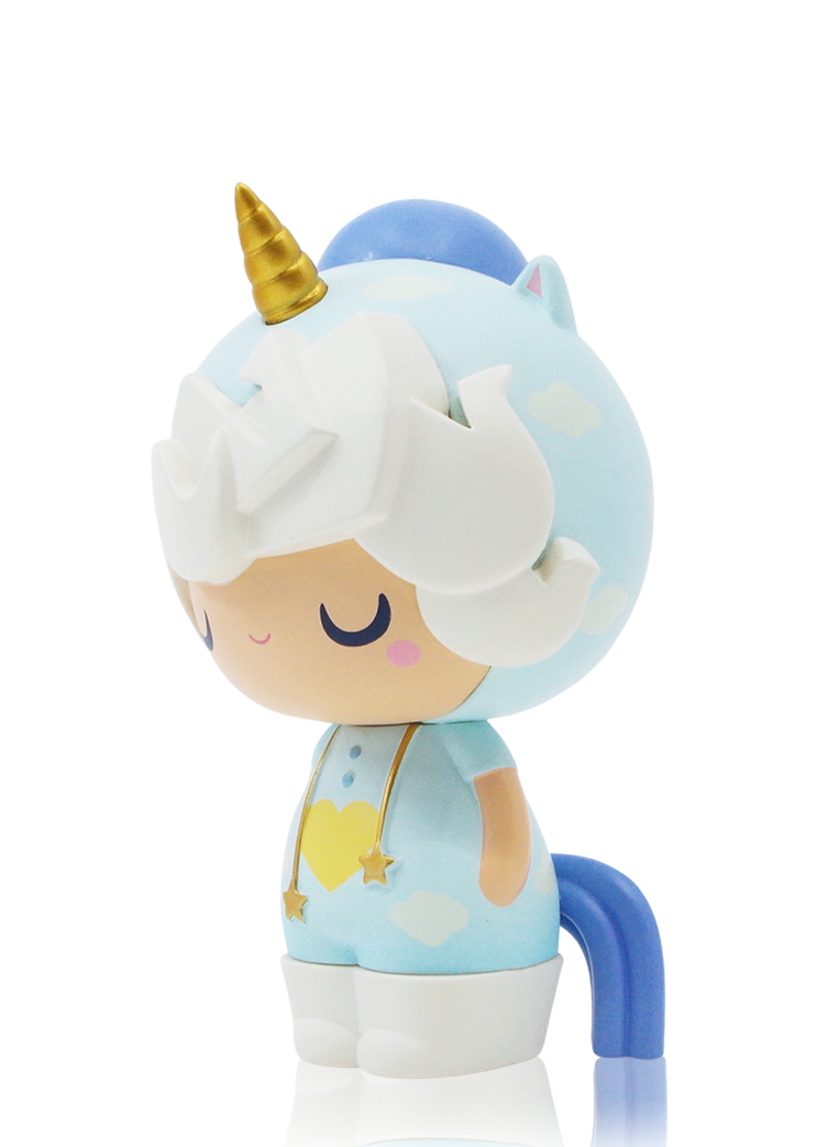 Little Starlight Girl Momiji doll in a unicorn costume with blue mane, gold horn, and hidden message inside; 3" vinyl collectible. — Momiji Doll