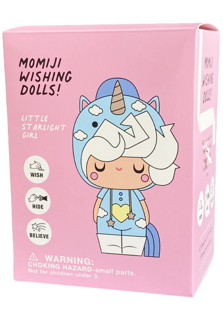 Momiji doll in blue unicorn suit, pink box, labeled "Little Starlight Girl (Head in the Clouds Edition) 3" vinyl collectible. — Momiji Doll