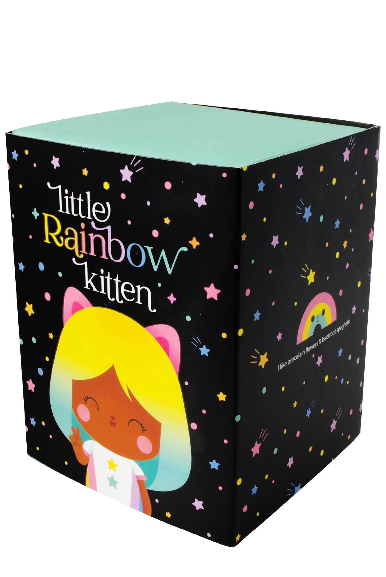 Limited Edition Little Rainbow Kitten Momiji doll box with colorful stars and a cat-eared girl on a black background. — Momiji Doll