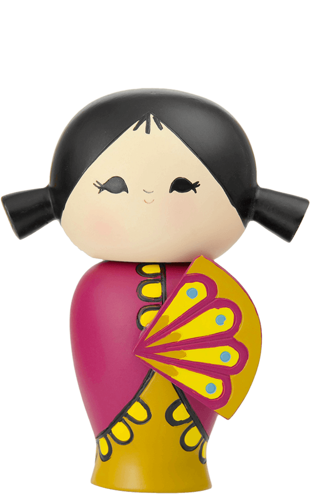 Happy Happy Happy Momiji doll with black pigtails, pink and yellow outfit, and holding a vibrant multicolored fan. — Momiji Doll