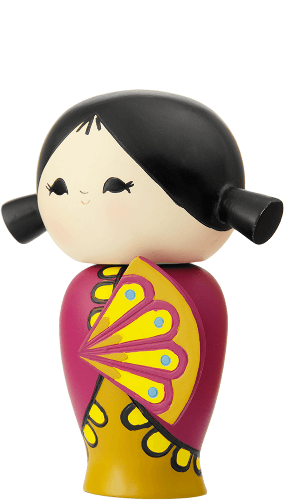 Happy Happy Happy Momiji doll with black side buns, yellow-pink outfit, and a secret message hidden inside. Collectible and kawaii!. — Momiji Doll