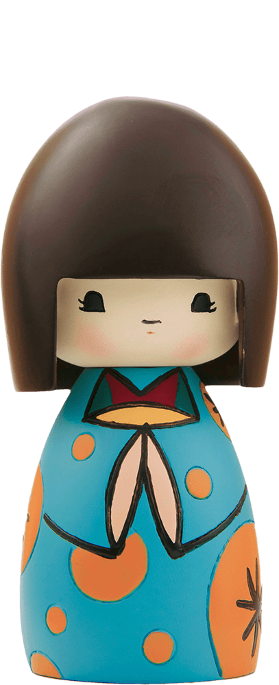 Luckyness Momiji doll with brown bob, blue dress, orange accents, and a sweet smile. Includes space for your secret message. — Momiji Doll