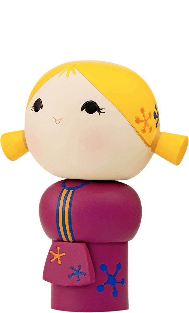 Chatting is a Momiji doll with yellow hair, a purple dress, colorful star accents, and rosy cheeks. Message hidden inside. — Momiji Doll