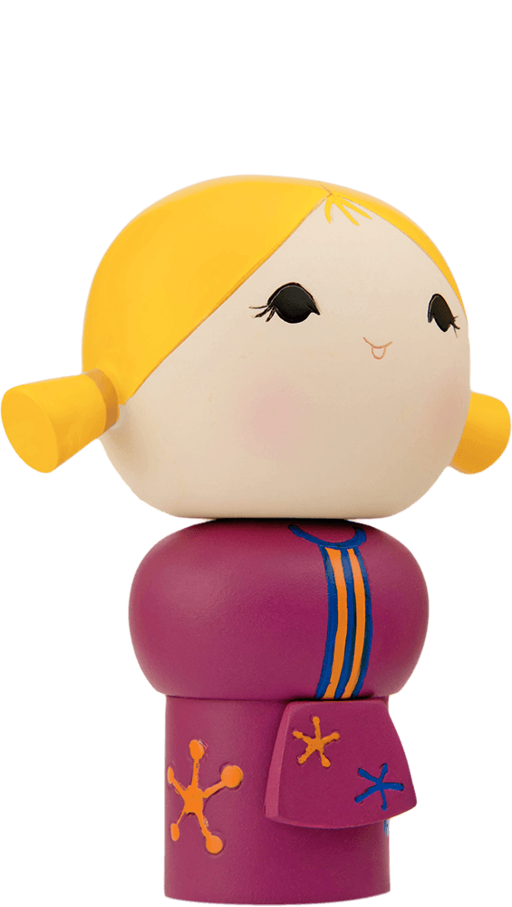 Chatting Momiji doll with yellow hair, purple dress, orange accents, and a smiling face; hidden message inside. — Momiji Doll