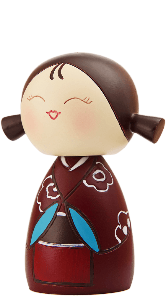 Giggles Momiji doll features a smiling face, red dress, blue details, and holds a secret message. A kawaii collectible character. — Momiji Doll
