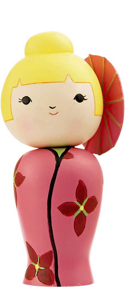 Sunnyshine Momiji doll with a blonde bun, pink outfit, and red flower details. Cute collectible that hides a secret message inside. — Momiji Doll