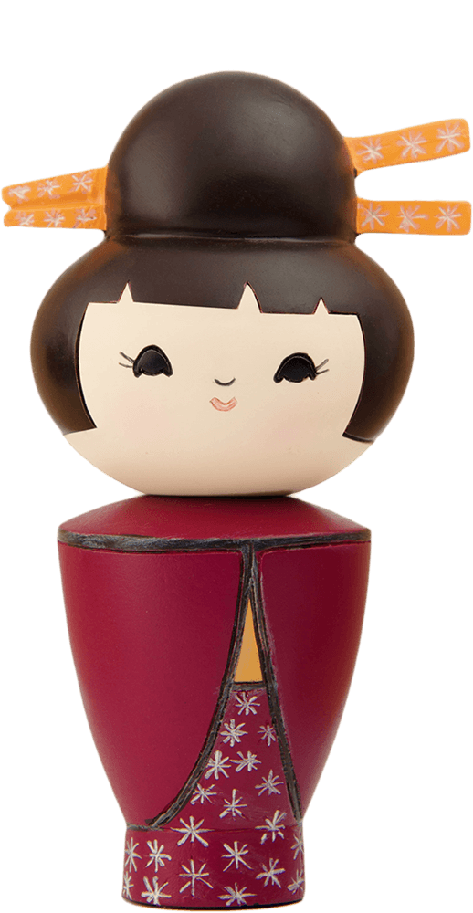 Dizzy Momiji doll has a round face, black hair, and wears a red dress decorated with white star patterns. — Momiji Doll