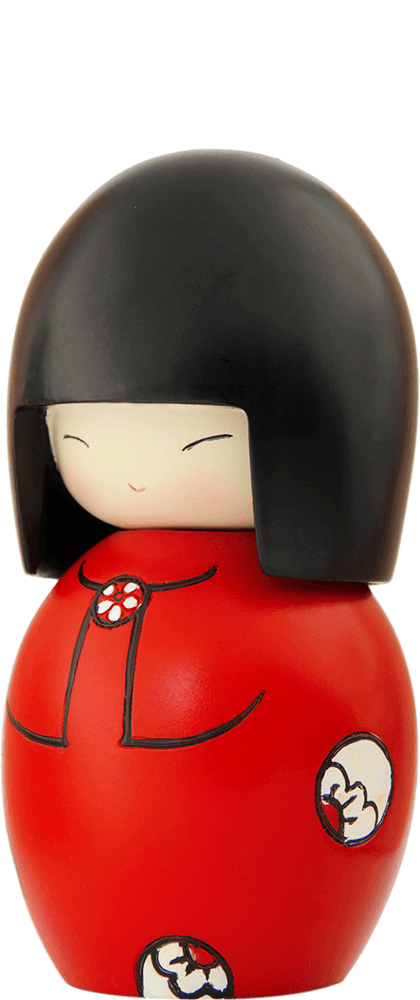 Soul Momiji doll with a black bob hairstyle, red dress, and a serene smile. Each Momiji doll has a secret message inside. — Momiji Doll