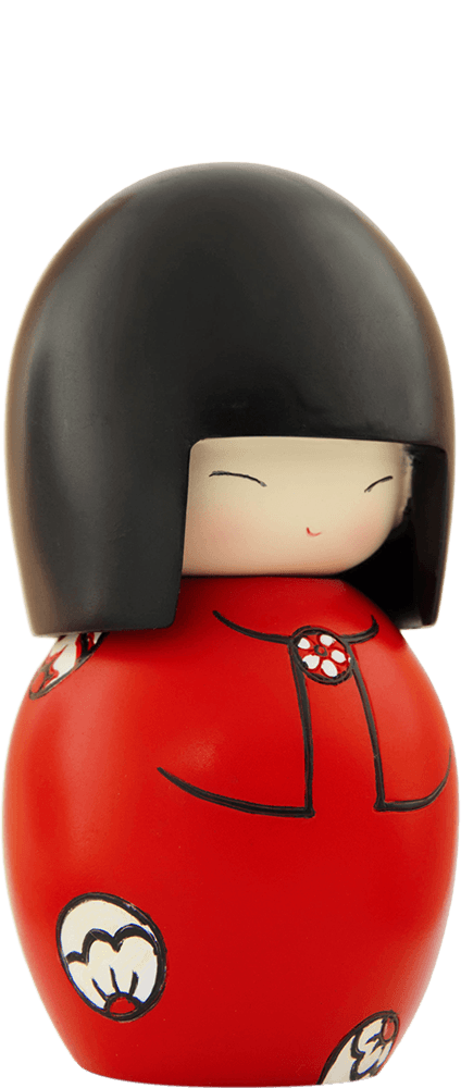 Soul Momiji doll with black hair, a smiling face, red body, and cute floral patterns. Collectible doll with hidden message inside. — Momiji Doll