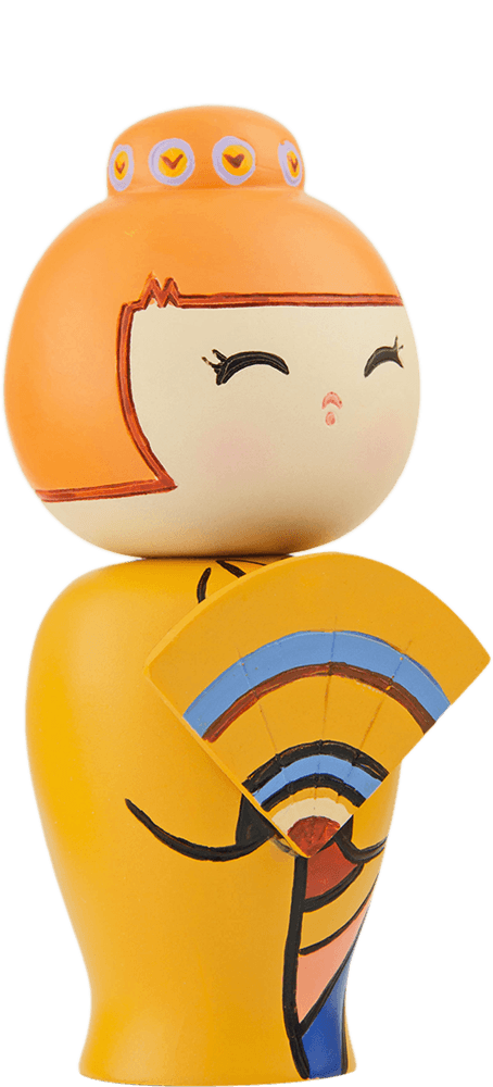 Lovely Day Momiji doll with bright orange hair, yellow outfit, and a vibrant fan. Kawaii collectible with hidden message inside. — Momiji Doll