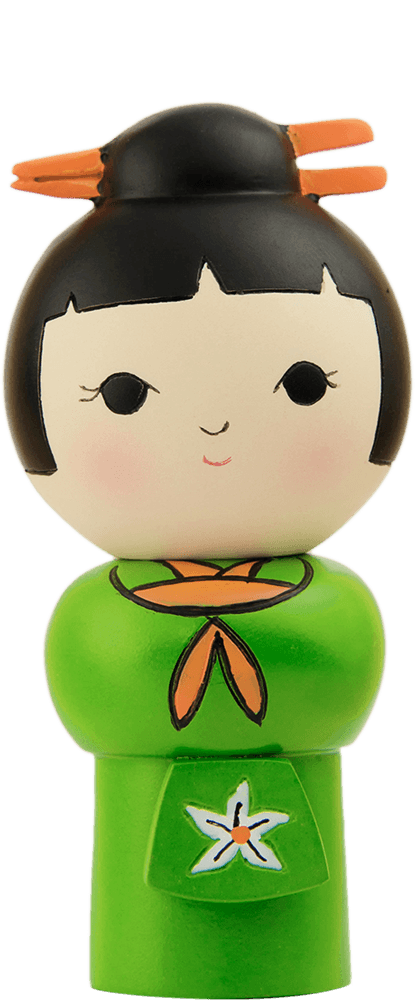 The Promise Momiji doll with black hair, an orange scarf, and a sweet smile. Collectible character with secret message slot. — Momiji Doll