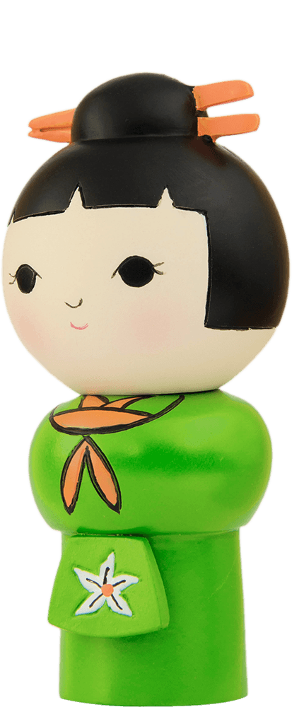 Promise Momiji doll with orange scarf, hair sticks, cheerful smile and blushed cheeks. Collectible with hidden message inside. — Momiji Doll