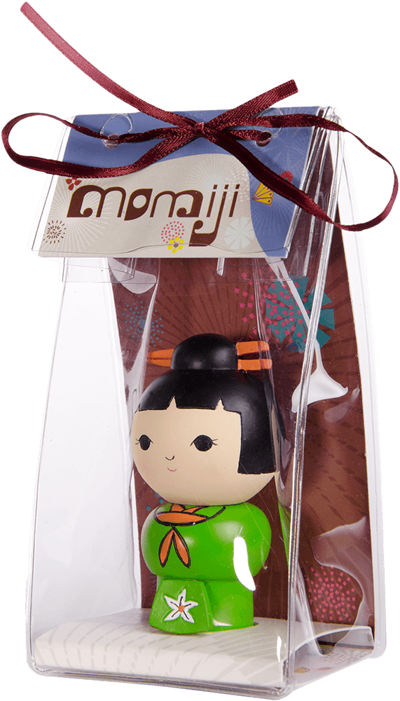 Promise Momiji doll in clear packaging, maroon ribbon on top, collectible tag attached. Cute collectible character design. — Momiji Doll