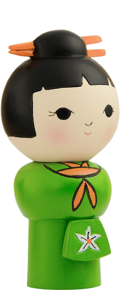 Promise Momiji doll with black hair, orange scarf, and flower details; a kawaii collectible hiding a secret message inside. — Momiji Doll