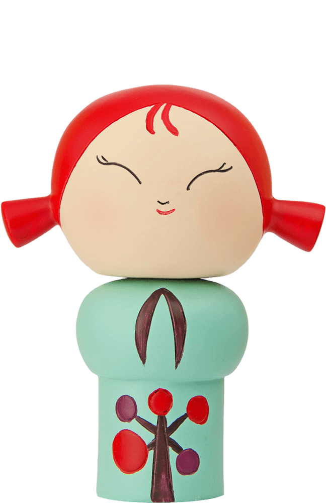 Momiji doll Laughing has red hair, wears a teal dress with a tree design, and smiles sweetly with closed eyes. — Momiji Doll