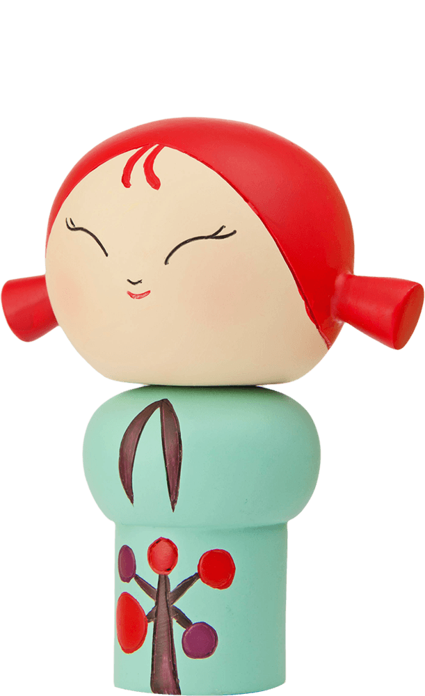 Laughing Momiji doll with red hair, mint green body, and a red tree design on the front. Collectible kawaii Momiji doll. — Momiji Doll
