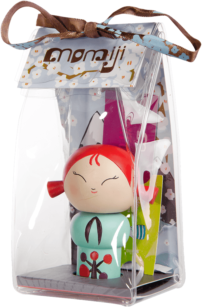 Laughing Momiji doll with red hair, blue dress, in a clear gift box tied with a brown ribbon; hides a secret message inside. — Momiji Doll