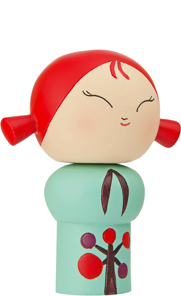 Momiji doll with red hair, closed eyes, green outfit featuring a red and purple tree. Includes space for a secret message inside. — Momiji Doll