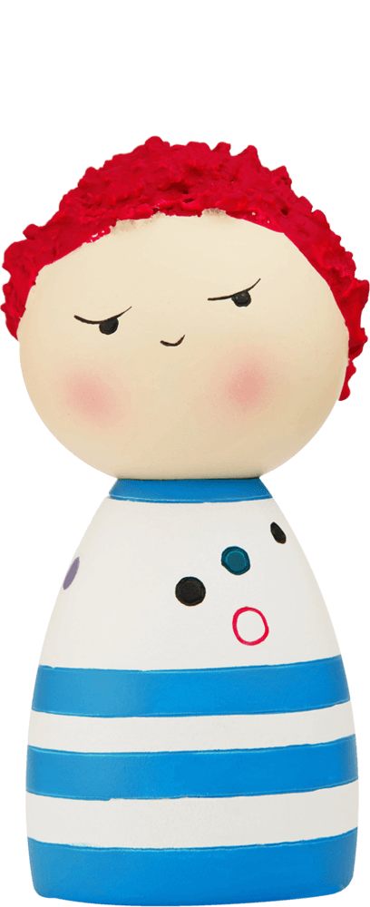 Spike Momiji doll with red textured hair, painted face, blue-and-white striped outfit accented by dots and circles. — Momiji Doll